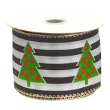 C&S Ribbons Christmas Black & White Striped Ribbon with Green Christmas Trees - 2.5" x 10 Yds - Satin Christmas Ribbon Black & White Striped Ribbon with Green Christmas Trees - 2.5" x 10 Yds - Satin Christmas Ribbon