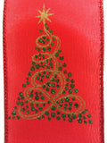 C&S Ribbons Christmas Glitter Green Trees Decorated with Gold on Red Satin - 2.5" x 10 yds - Wired Christmas Ribbon Green Trees Decorated with Gold on Red Satin - 2.5" x 10 yds - Wired Christmas Ribbon