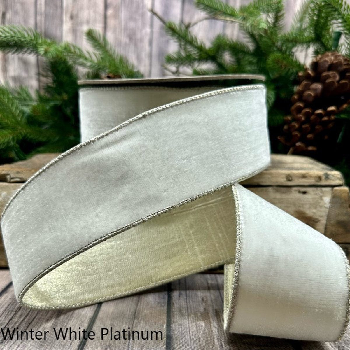 Winter White & Gold Velvet Ribbon - 2.5 inch