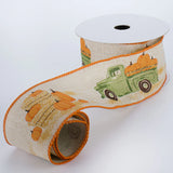 Expressions / RG Ribbon Autumn 2.5" x 10 Yds Natural Ribbon: Vintage Truck With Pumpkins Ribbon 2.5" x 10 Yds Natural Ribbon: Vintage Truck With Pumpkins Ribbon