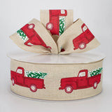 Expressions / RG Ribbon Christmas 2.5" x 50 yds Red Farm Truck & Tree on Natural Linen Ribbon - Wired Christmas Ribbon 2.5" x 50 yds Red Farm Truck & Tree on Natural Linen Ribbon - Wired Christmas Ribbon