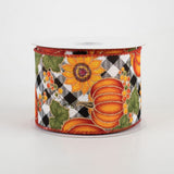 Jascotina Autumn 2.5 inch Pumpkins & Sunflowers on Black & White Diagonal Check Ribbon -10 Yards