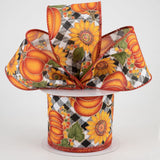 Jascotina Autumn 2.5 inch Pumpkins & Sunflowers on Black & White Diagonal Check Ribbon -10 Yards