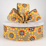 Jascotina Autumn 2.5" x 10 yds Natural Linen Buffalo Plaid Sunflower Ribbon - Autumn Floral Wired Ribbon 2.5" x 10 yds Natural Linen Buffalo Plaid Sunflower Ribbon - Autumn Floral Wired Ribbon