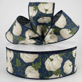 Jascotina Autumn 2.5" x 10 yds Navy Blue Canvas Ribbon with White Pumpkins, Wired Autumn / Fall Ribbon 2.5" x 10 yds Navy Blue Canvas Ribbon with White Pumpkins, Wired Autumn / Fall Ribbon