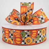 Jascotina Autumn 2.5" x 50 Yds Black & White Buffalo Plaid Pumpkin & Sunflower Ribbon - Wired Autumn Ribbon 2.5" x 50 Yds Black & White Buffalo Plaid Pumpkin & Sunflower Ribbon - Wired Autumn Ribbon