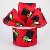 Jascotina Christmas Characters 2.5" x 10 Yds Red Linen Ribbon with Snowman Top Hats - Wired Christmas Ribbon