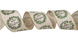 Jascotina Christmas Words Merry Christmas Wreath on Natural Canvas - 2.5" x 10 yds - Wired Christmas Ribbon Merry Christmas Wreath on Natural Canvas - 2.5" x 10 yds - Wired Christmas Ribbon