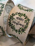Jascotina Christmas Words Merry Christmas Wreath on Natural Canvas - 2.5" x 10 yds - Wired Christmas Ribbon Merry Christmas Wreath on Natural Canvas - 2.5" x 10 yds - Wired Christmas Ribbon