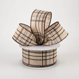 Jascotina Plaid 1.5 inch Natural Linen Chocolate Brown & Black Cornelia Plaid Wired Ribbon - 10 Yards