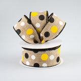 PerpetualRibbons Polka Dot 1.5" or 2.5" x 10 yds Natural Linen Ribbon with Black, White & Yellow Dots