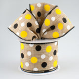 Jascotina Polka Dot 1.5" or 2.5" x 10 yds Natural Linen Ribbon with Black, White & Yellow Dots