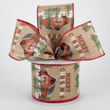 Jascotina Ribbons & Trim 2.5" x 10 yds Natural Canvas Ribbon with Red Christmas Barn, Wired Christmas Ribbon