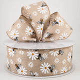 Jascotina Ribbons & Trim 2.5" x 10 Yds Natural Ribbon with Bumble Bees & Daisies - Wired Spring Ribbon for Wreaths 2.5" x 10 Yds Natural Ribbon with Bumble Bees & Daisies - Wired Spring Ribbon for Wreaths