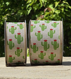 Jascotina Spring 2.5 1.5" or 2.5" Natural Canvas Ribbon with Sage Green Cactus - 10 Yards 1.5" or 2.5" Natural Canvas Ribbon with Sage Green Cactus - 10 Yards
