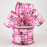 Jascotina Spring 2.5" x 10 yards Daisies & Bumble Bees on Fuchsia & White Gingham Ribbon 2.5" x 10 yards Daisies & Bumble Bees on Fuchsia & White Gingham Ribbon
