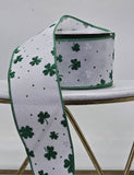 Jascotina St. Patrick's Day Wired St Patricks Ribbon - 2.5 inch White Linen Ribbon with Dark Green Glitter and White Iridescent Shamrocks - 10 Yards Wired St Patricks Ribbon - 2.5 inch White Linen Ribbon with Dark Green Glitter and White Iridescent Shamrocks - 10 Yards