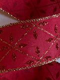 PerpetualRibbons Christmas Glitter 1.5" X 10 yds Red Satin Ribbon with Red Glitter Flowers in a Gold Diamond Pattern, Wired Christmas Ribbon