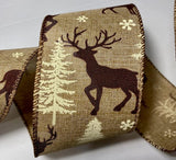 S & C Ribbons Christmas Characters Copy of 2.5" x 10 yds White Linen Ribbon with Dark Red Reindeer, Wired Christmas Ribbon