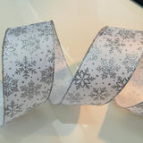 S & C Ribbons Christmas Glitter 2.5" x 10yds White Satin Ribbon with Silver Glitter Snowflakes, Wired Christmas Ribbon