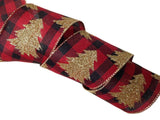 S&C Ribbons Christmas Plaid 2.5 inch Red & Black Canvas Buffalo Check Ribbon with Gold Glittered Christmas Trees -5 Yards
