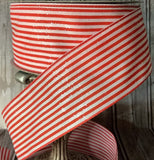 S & C Ribbons Christmas Stripes 2.5" x 10 yds Red Satin Ribbon with White Horizontal Iridescent Glitter Stripes - Wired Christmas Ribbon