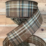 S & C Ribbons Christmas Winter Ribbon 2.5" x 10 yds Brown, Cream & Blue Plaid Linen Ribbon, Wired Christmas Ribbons Ribbon