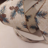 S & C Ribbons Christmas Winter Ribbon 2.5" x 10 yds Cream Linen Ribbon with Gold Glittery Pine Cones, Wired Christmas Ribbons Ribbon