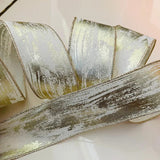 S & C Ribbons Christmas Winter Ribbon 2.5" x 10 yds Cream Linen Ribbon with Gold Spashes (Think Birch Bark in Gold), Wired Christmas Ribbon