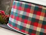 S & C Ribbons Christmas Winter Ribbon 2.5" x 10 yds Green, Red & Cream Tradional Christmas Check Ribbon (with a twist), Wired Christmas Ribbon