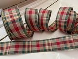 S & C Ribbons Christmas Winter Ribbon Copy of 2.5" x 10 yds Brown, Cream & Blue Plaid Linen Ribbon, Wired Christmas Ribbon