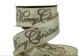 S & C Ribbons Christmas Words 2.5" x 10 yds Cream Satin Ribbon with Gold Glitter "Merry Christmas", Wired Christmas Ribbon
