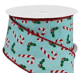 CBI Christmas Candy 2.5" Candy Canes with Holly Berries & Leaves on Ice Blue Canvas - Wired Christmas Ribbon - 10 Yards