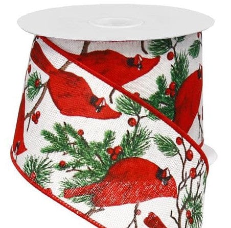 CBI Christmas Floral 2.5 inch Christmas Red Glitter Cardinals & Pine Branches on Cream Canvas Ribbon - 10 Yards