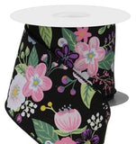 CBI Floral 2.5" Graphic Florals - Black / Pink / Blue / White / Green wired ribbon -10 yards