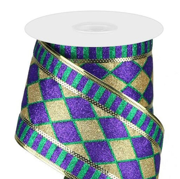 CBI Mardi Gras 2.5 inch Purple & Gold Glitter Harlequin Pattern Outlined in Green - 10 Yards