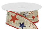 CBI Patriotic Ribbon 1.5 inch Patriotic Stars on Natural Canvas Ribbon - 4th of July Ribbon - 10 Yards