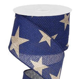 CBI Patriotic Ribbon 2.5 2.5 or 4 inch Blue Burlap Ribbon with Large Natural Stars - Wired Patriotic Ribbon - 10 Yards
