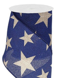 CBI Patriotic Ribbon 4 2.5 or 4 inch Blue Burlap Ribbon with Large Natural Stars - Wired Patriotic Ribbon - 10 Yards