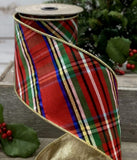 d.stevens Christmas Plaid d.stevens 4" x 10 yards Diagonal Nutcracker Plaid Ribbon with Gold Back - Royal Blue, Red, Green Gold & White Plaid 10 Yards Wired Dupioni Ribbon | Perpetual Ribbons
