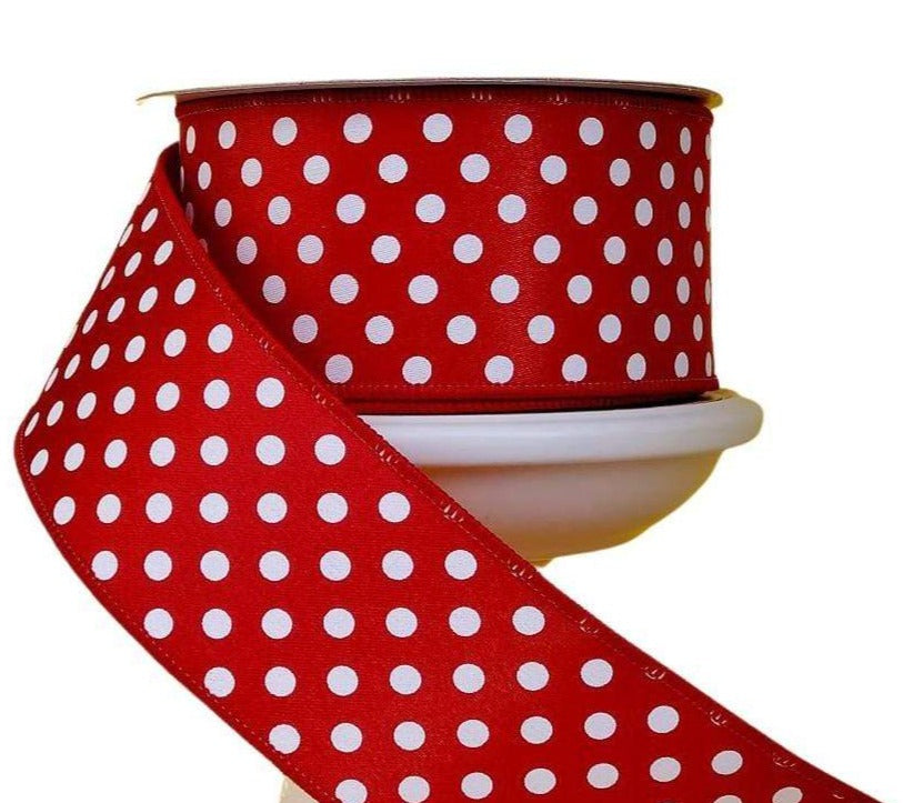 Luxury 2.5 x 10 yd Red/White Mini Dots Wired Ribbon