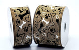 Jascotina Animals 1.5 or 2.5 inch Natural Canvas Ribbon with Black & White Puppy Paws, Hearts & Bones - 5 Yards