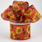 Jascotina Autumn Autumn Sunflower Ribbon - 2.5" Fall Sunflowers on Rust Canvas - 10 Yards