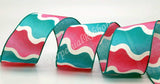 Jascotina Checks 1.5 inch or 2.5 inch Aqua & Pink Wavy Ribbon - 10 Yards