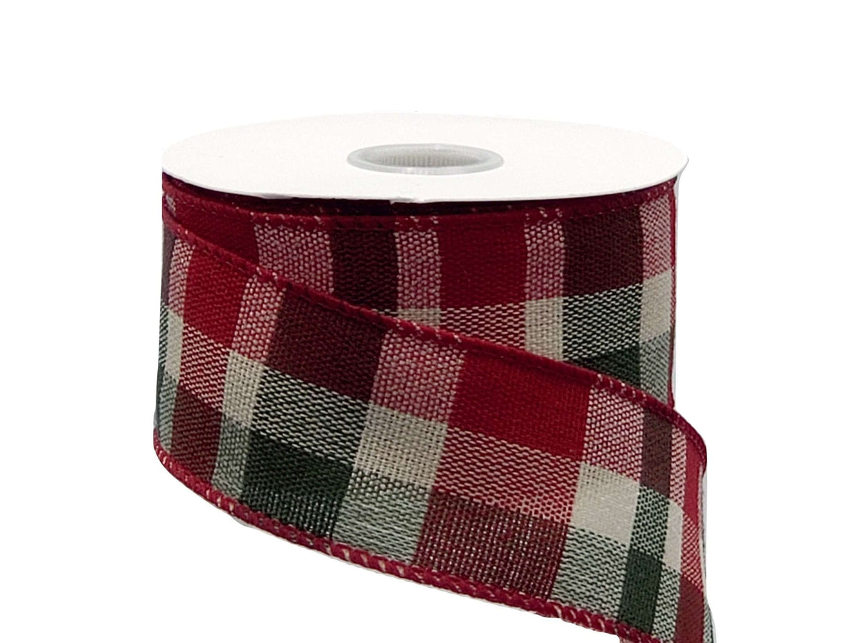 10 Yards 1.5 Wired Christmas Check Ribbon - Red, Green & Cream