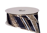 Jascotina Christmas Glitter 1.5 1.5" or 2.5" Gold Glitter & White Diagonal Stripes on Navy Blue Canvas Wired Christmas Ribbon - 10 Yards
