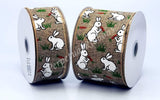 Jascotina Easter 1.5 or 2.5 inch Natural Linen Ribbon with White Bunnies Eating Carrots - 10 Yards