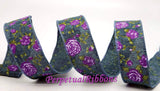 Jascotina Floral 1.5 1.5 or 2.5 inch Denim Canvas Ribbon with Purple & Lavender Roses - 10 Yards