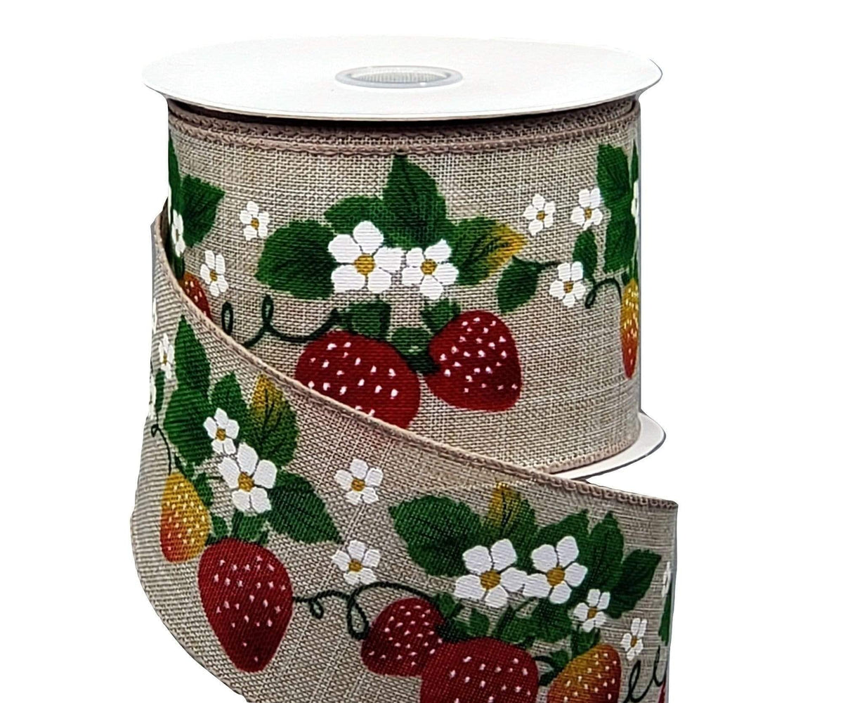 Wired Strawberry Ribbon - 2.5 inch Natural Canvas Ribbon with
