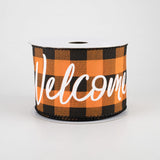 Jascotina Halloween 10 Yards - 2.5" Orange & Black Buffalo Check Ribbon with "Welcome" written in White Script - Wired Halloween Ribbon
